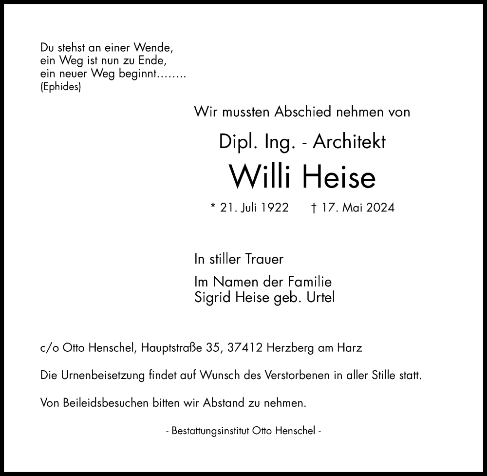  Traueranzeige für Willi Heise vom 25.05.2024 aus Harz Kurier