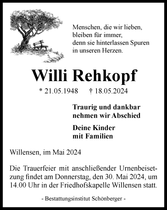Traueranzeige von Willi Rehkopf von Harz Kurier