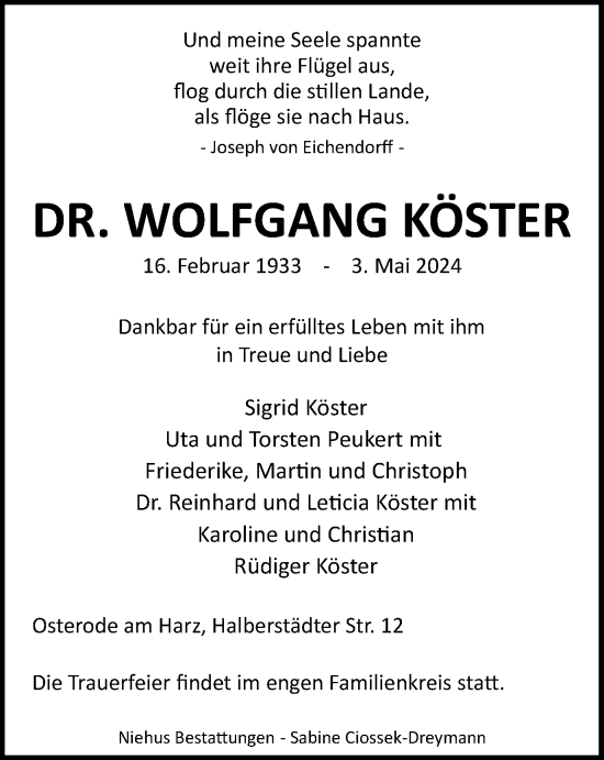 Traueranzeige von Wolfgang Köster von Harz Kurier