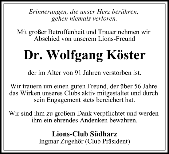 Traueranzeige von Wolfgang Köster von Harz Kurier