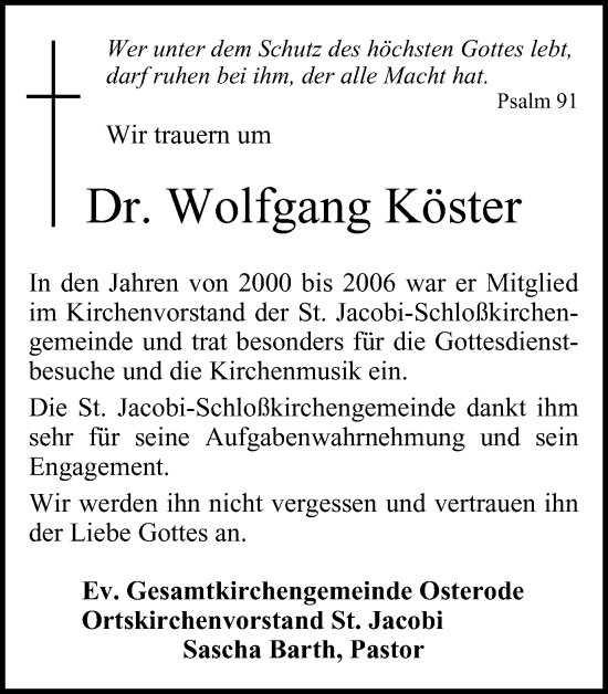 Traueranzeige von Wolfgang Köster von Harz Kurier