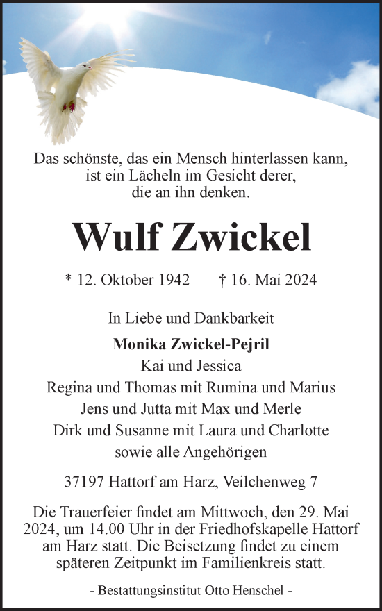 Traueranzeige von Wulf Zwickel von Harz Kurier