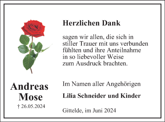 Traueranzeige von Andreas Mose von Harz Kurier