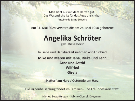 Traueranzeige von Angelika Schröter von Harz Kurier