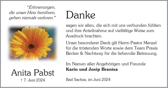 Traueranzeige von Anita Pabst von Harz Kurier