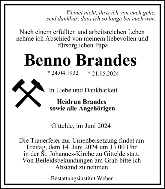 Traueranzeige von Benno Brandes von Harz Kurier