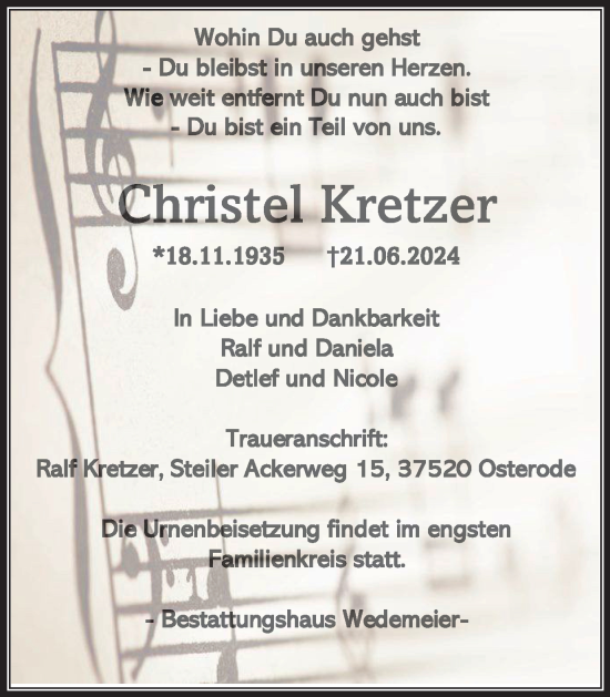 Traueranzeige von Christel Kretzer von Harz Kurier