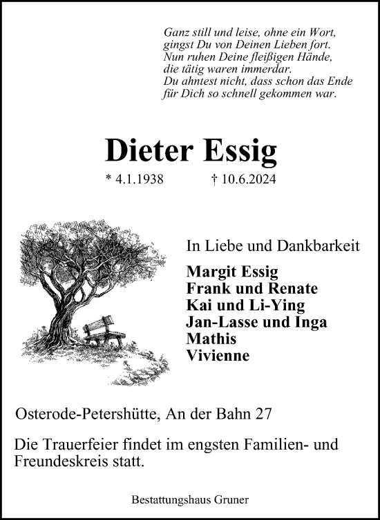 Traueranzeige von Dieter Essig von Harz Kurier