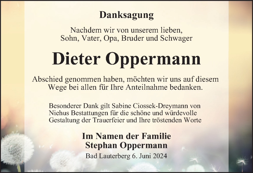  Traueranzeige für Dieter Oppermann vom 08.06.2024 aus Harz Kurier