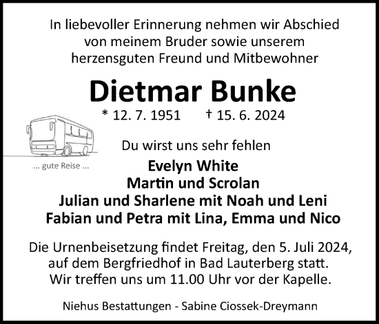 Traueranzeige von Dietmar Bunke von Harz Kurier