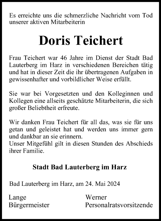 Traueranzeige von Doris Teichert von Harz Kurier