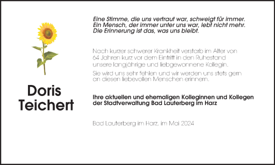 Traueranzeige von Doris Teichert von Harz Kurier