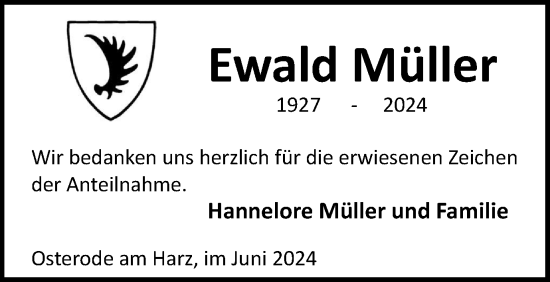 Traueranzeige von Ewald Müller von Harz Kurier