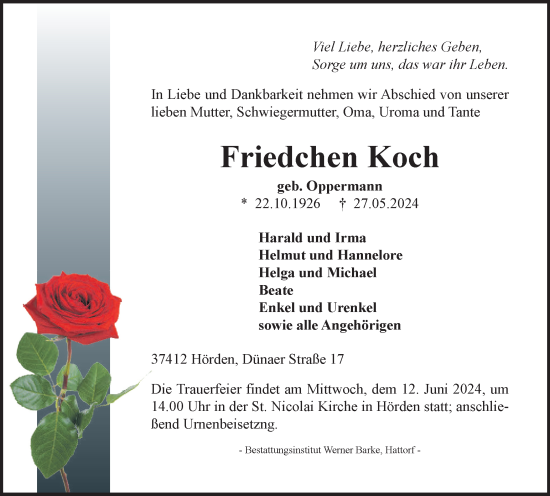 Traueranzeige von Friedchen Koch von Harz Kurier