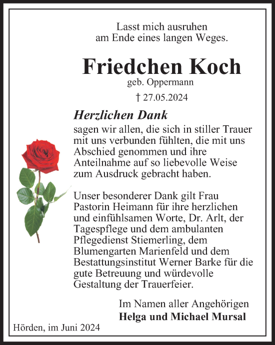 Traueranzeige von Friedchen Koch von Harz Kurier