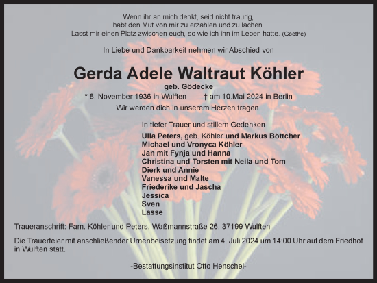 Traueranzeige von Gerda Adele Waltraut Köhler von Harz Kurier