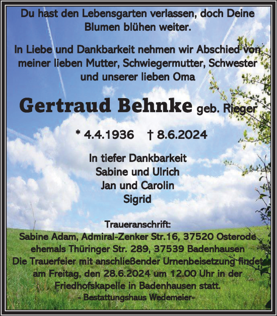 Traueranzeige von Gertraud Behnke von Harz Kurier