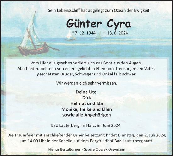 Traueranzeige von Günter Cyra von Harz Kurier