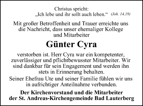 Traueranzeige von Günter Cyra von Harz Kurier