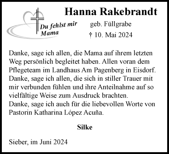 Traueranzeige von Hanna Rakebrandt von Harz Kurier