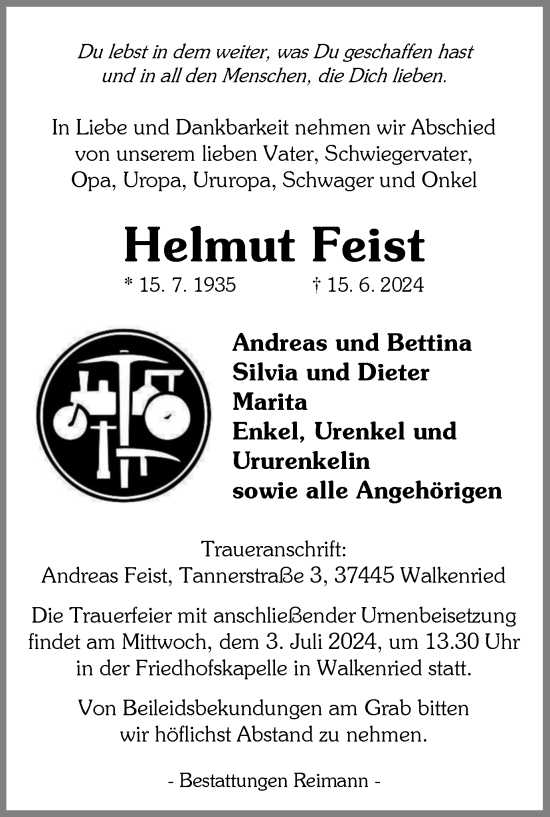 Traueranzeige von Helmut Feist von Harz Kurier