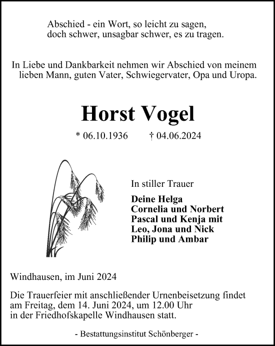 Traueranzeige von Horst Vogel von Harz Kurier