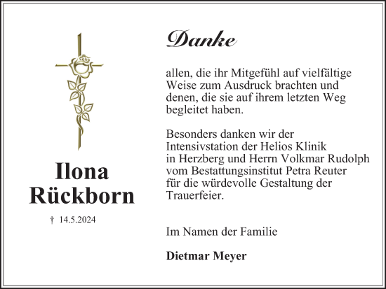 Traueranzeige von Ilona Rückborn von Harz Kurier