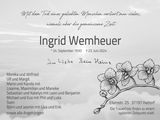 Traueranzeige von Ingrid Wemheuer von Harz Kurier