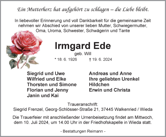 Traueranzeige von Irmgard Ede von Harz Kurier