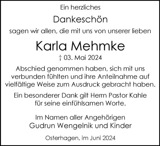 Traueranzeige von Karla Mehmke von Harz Kurier