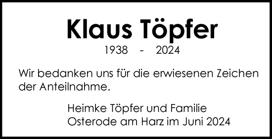 Traueranzeige von Klaus Töpfer von Harz Kurier