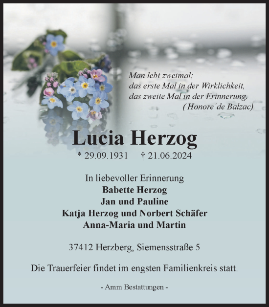 Traueranzeige von Lucia Herzog von Harz Kurier