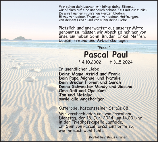 Traueranzeige von Pascal Paul von Harz Kurier