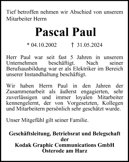 Traueranzeige von Pascal Paul von Harz Kurier