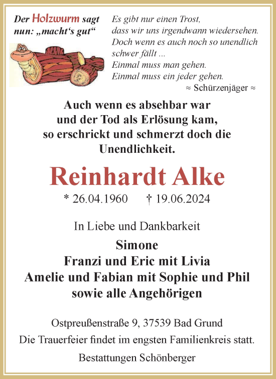 Traueranzeige von Reinhardt Alke von Harz Kurier