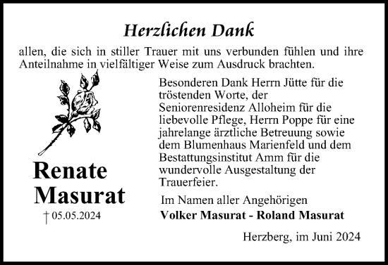 Traueranzeige von Renate Masurat von Harz Kurier
