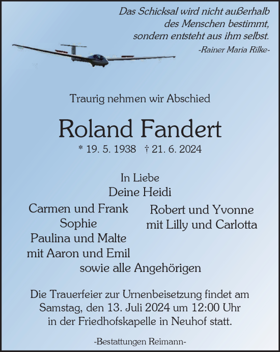 Traueranzeige von Roland Fandert von Harz Kurier