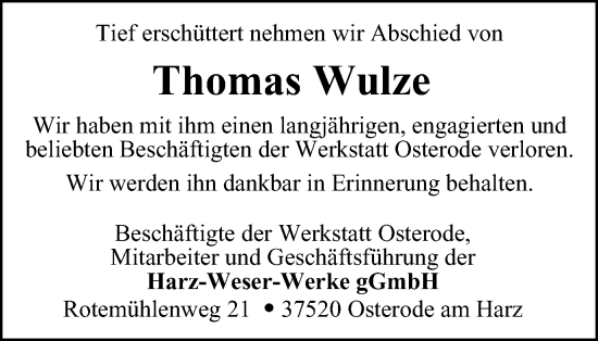 Traueranzeige von Thomas Wulze von Harz Kurier