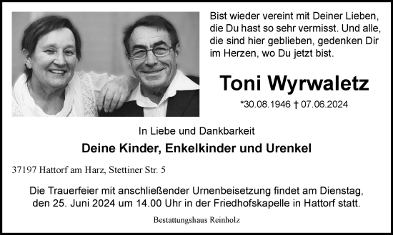 Traueranzeige von Toni Wyrwaletz von Harz Kurier