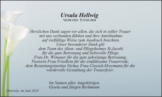 Traueranzeige von Ursula Hellwig von Harz Kurier
