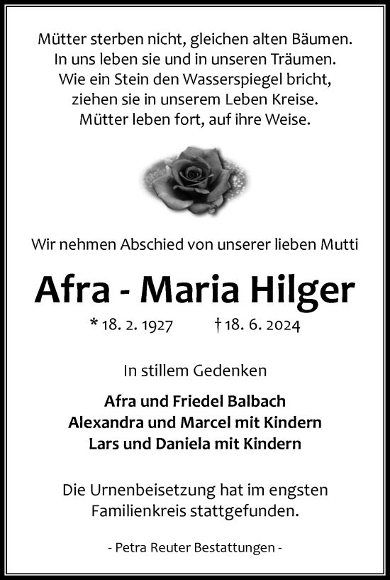 Traueranzeige von Afra-Maria Hilger von Harz Kurier