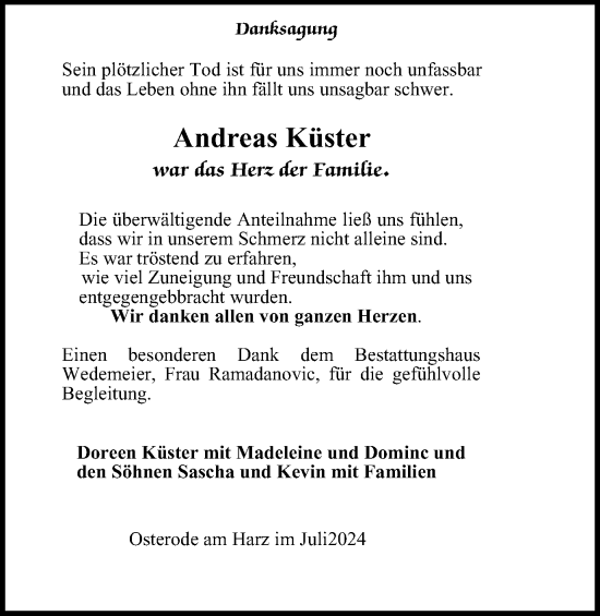 Traueranzeige von Andreas Küster von Harz Kurier