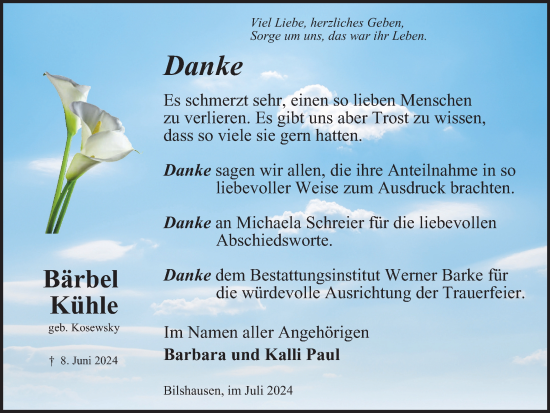 Traueranzeige von Bärbel Kühle von Harz Kurier