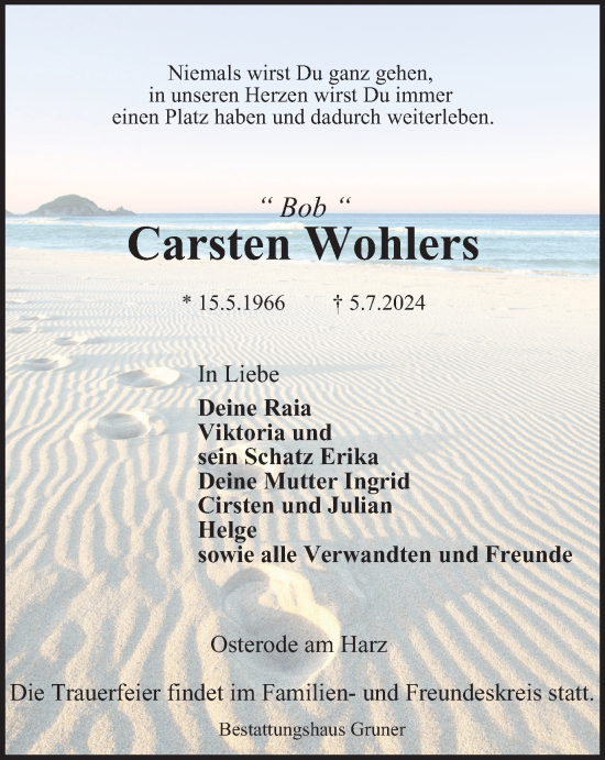 Traueranzeige von Carsten Wohlers von Harz Kurier
