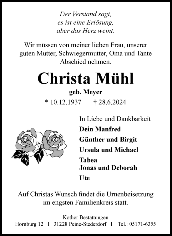Traueranzeige von Christa Mühl von Harz Kurier
