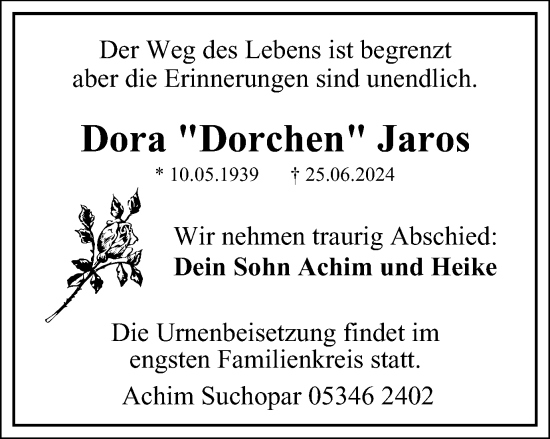 Traueranzeige von Dora Jaros von Harz Kurier