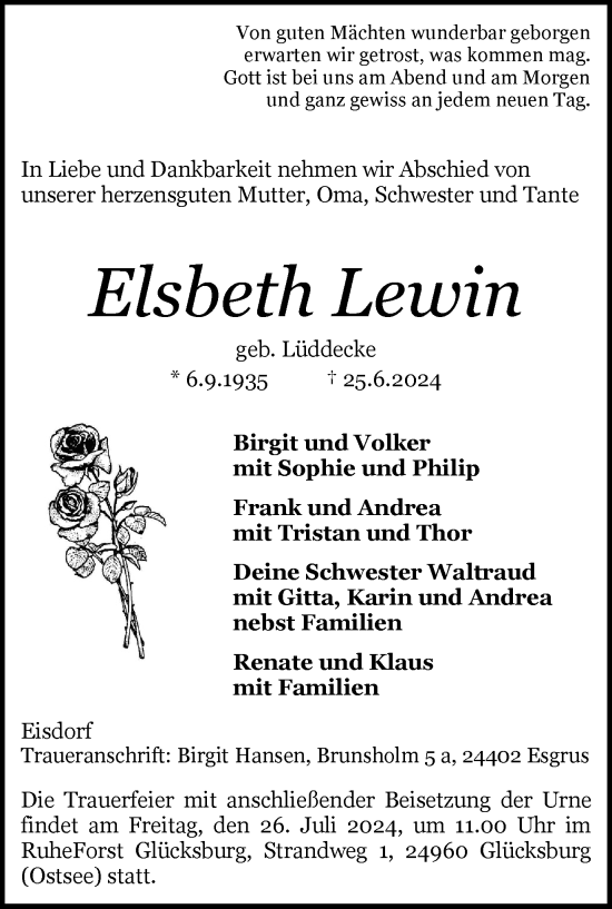 Traueranzeige von Elsbeth Lewin von Harz Kurier
