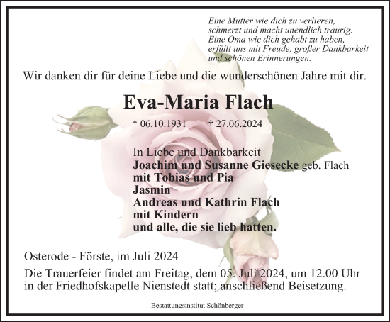 Traueranzeige von Eva-Maria Flach von Harz Kurier