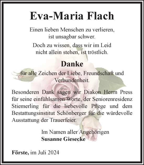 Traueranzeige von Eva-Maria Flach von Harz Kurier