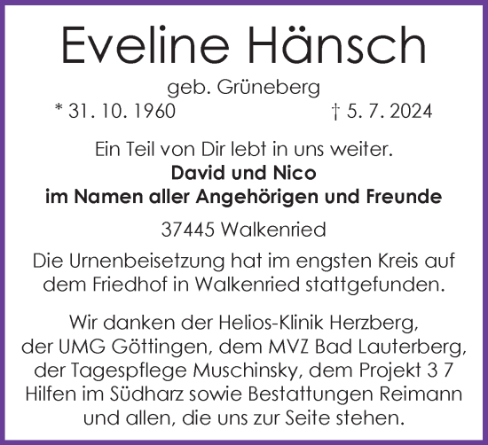 Traueranzeige von Eveline Hänsch von Harz Kurier